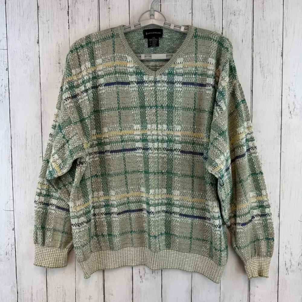 VTG Conte di Milano Green Plaid V-Neck Sweater Cosby Grandpa Italy Size Large